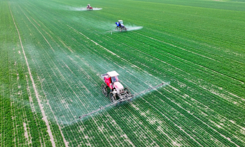 2024年2月18日，安徽省亳州市，利辛縣紀(jì)王場(chǎng)鄉(xiāng)孫老家村麥田，農(nóng)民駕駛自走式高桿噴霧機(jī)對(duì)小麥進(jìn)行噴藥作業(yè)。